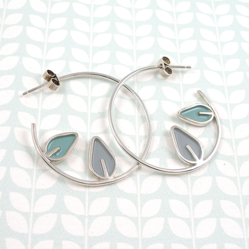 Silver and enamel double leaf hoop earrings by Emma Leonard