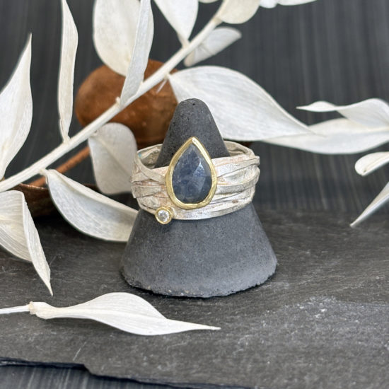 One Off Sterling Silver Wrap Ring with Sapphire & Diamond