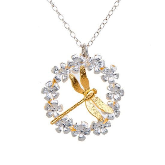 Enchanted Garden Silver and gold plated Dragonfly Wreath Pendant