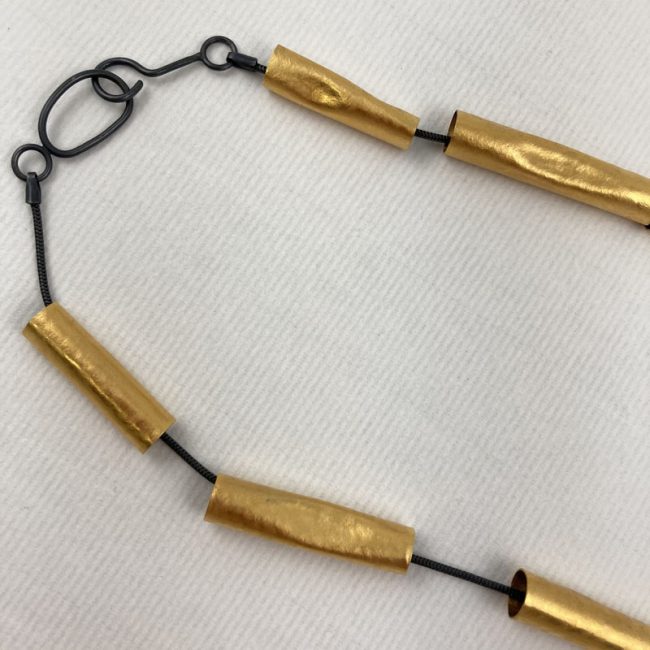 Gold plated Tubes necklace, clasp detail, by Hilary Brown