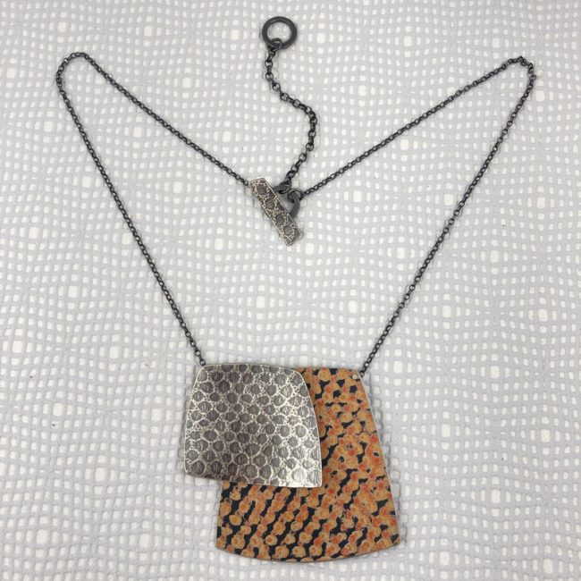 Large Double Squares textured silver and orange Spot Necklace by Penny Warren