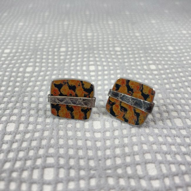 Square orange spot stud earrings with textured silver band by Penny Warren
