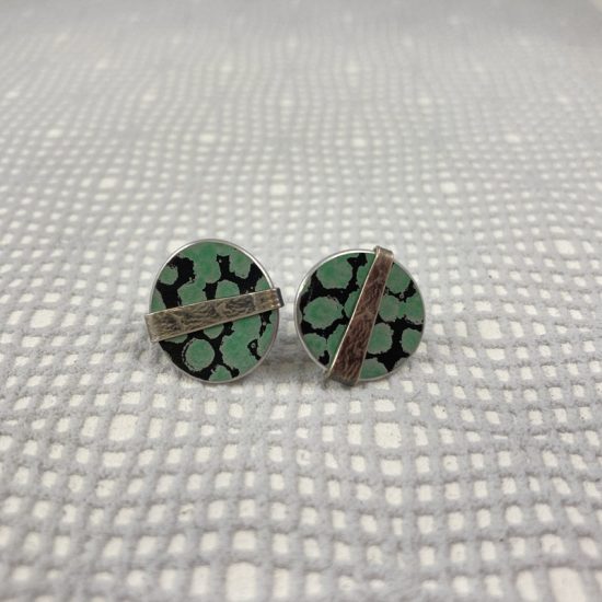 Round green spot stud earrings with textured silver band by Penny Warren