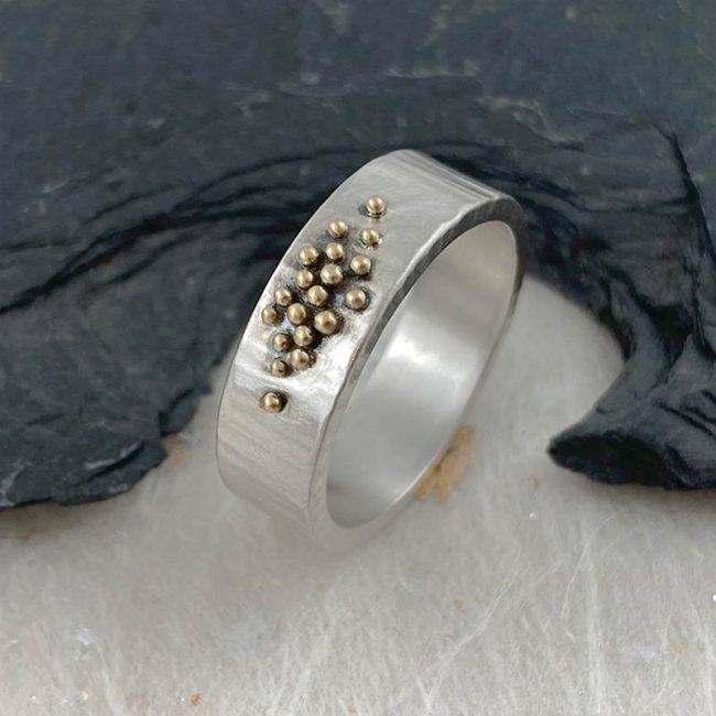 Silver hammered band with 18ct gold granules by Jenifer Wall