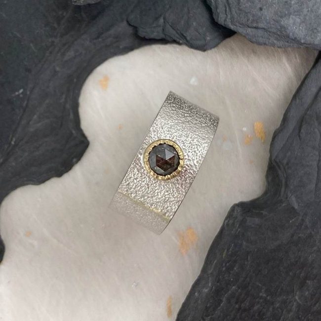 Silver and 18ct gold seam ring with salt & pepper rosecut diamond by Jenifer Wall