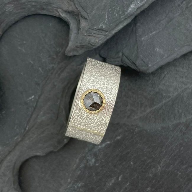 Silver and 18ct gold seam ring with salt & pepper rosecut diamond by Jenifer Wall