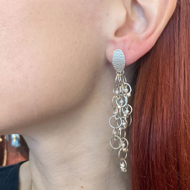 Textured silver multi drop earrings with tiny scrolls and freshwater pearls by Rebecca Halstead