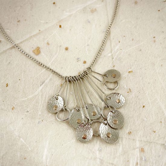 Silver & 14ct gold filled textured ovals drop pendant by Rebecca Halstead