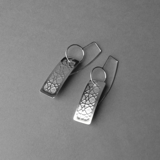 Silver rectangular 'print' drop earrings by Rebecca Halstead