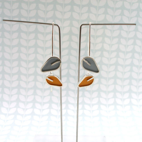 Double leaf earrings in silver and enamel by Emma Leonard