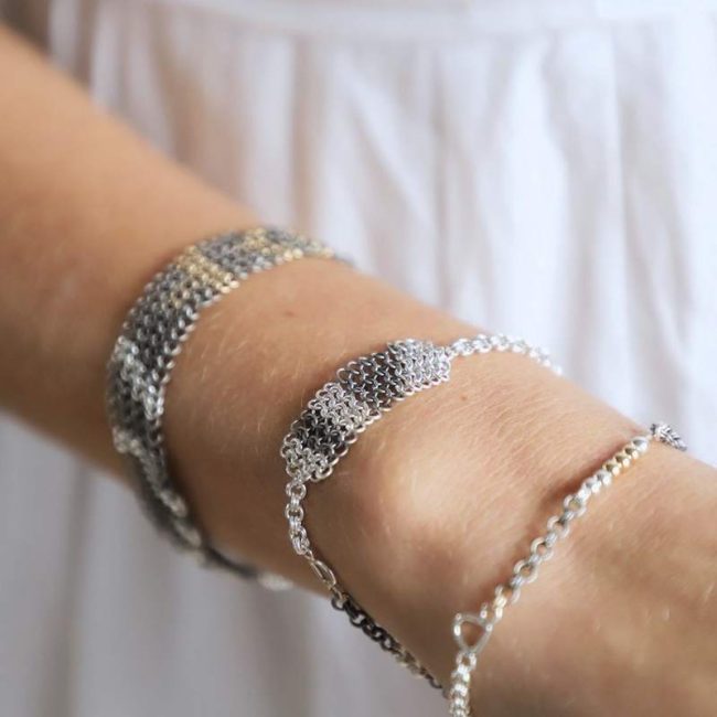 Chainmail bracelets in silver, titanium and 9ct gold by Corrine Eira Evans