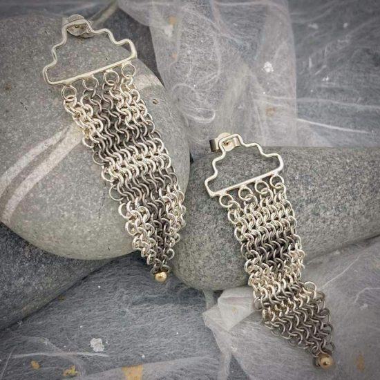 Cut Out chainmail earrings in silver, titanium and 9ct gold by Corrinne Eira Evans