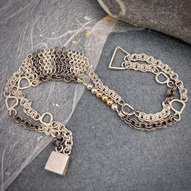 D silver, titanium and gold chainmail bracelet by Corrinne Eira Evans