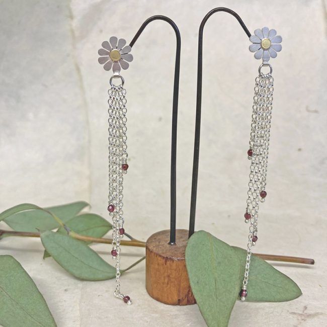 Daisy Tassel earrings in silver and 18ct gold with rubies by Diana Greenwood