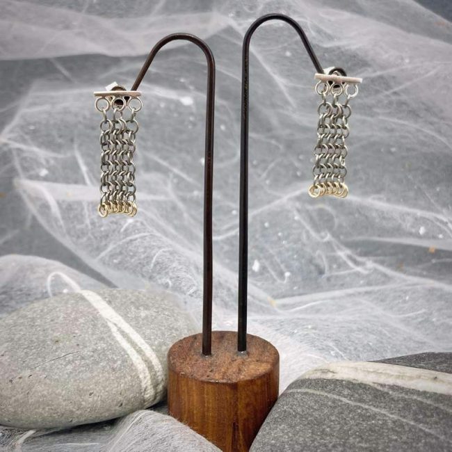 Edge chainmail earrings in titanium, silver and 9ct gold by Corrinne Eira Evans