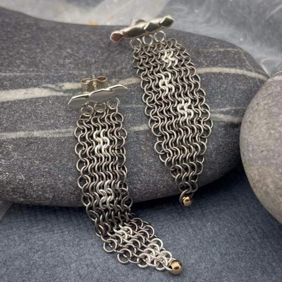 Journey chainmail earrings in titanium, silver and 9ct gold by Corrinne Eira Evans