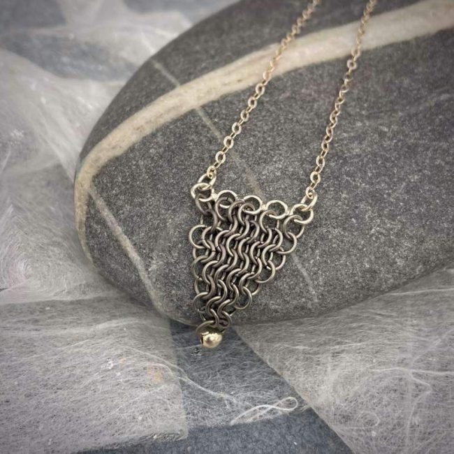 Point fine chainmail necklace in titanium and silver by Corrinne Eira Evans