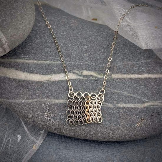 Stripe fine chainmail necklace in silver, titanium and 9ct gold by Corrinne Eira Evans