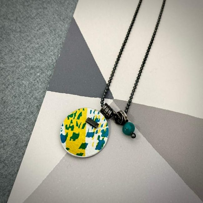 Pattern pendant in yellow and turquoise by Lindsey Mann