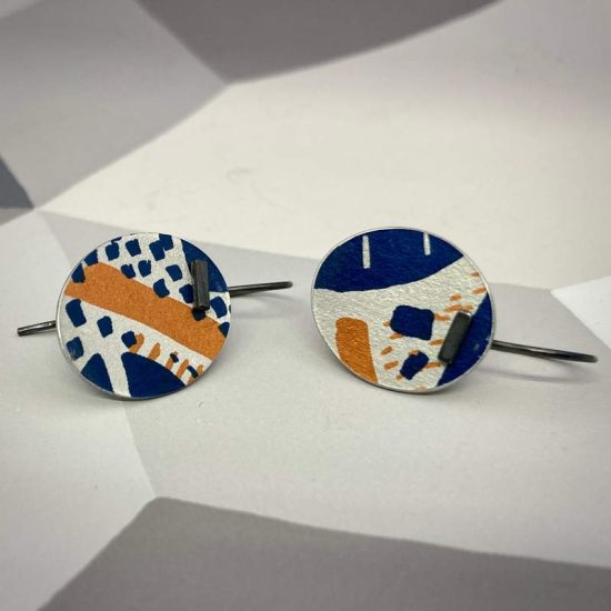 Large pattern drop earrings in orange and blue by Lindsey Mann