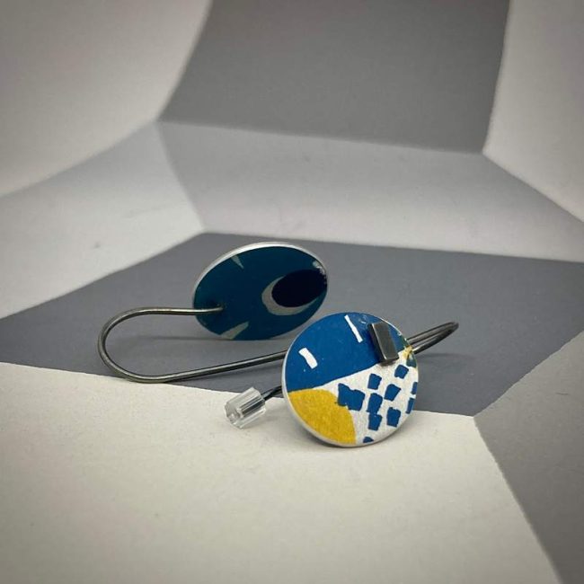 Small Pattern drop earrings in yellow and navy blue by Lindsey Mann