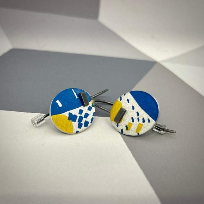 Small Pattern drop earrings in yellow and navy blue by Lindsey Mann