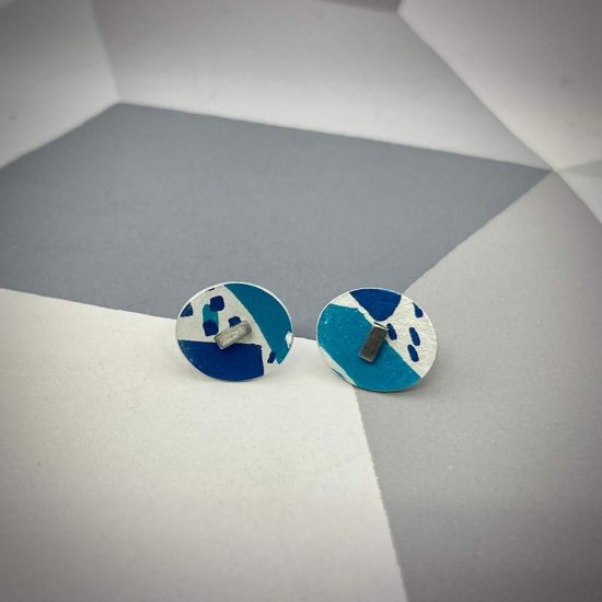 Small pattern stud earrings in turquoise and navy blue by Lindsey Mann