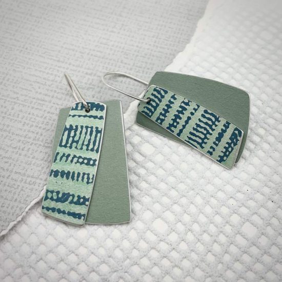 Trax rectangular multiway drop earrings in green and blue by Penny Warren
