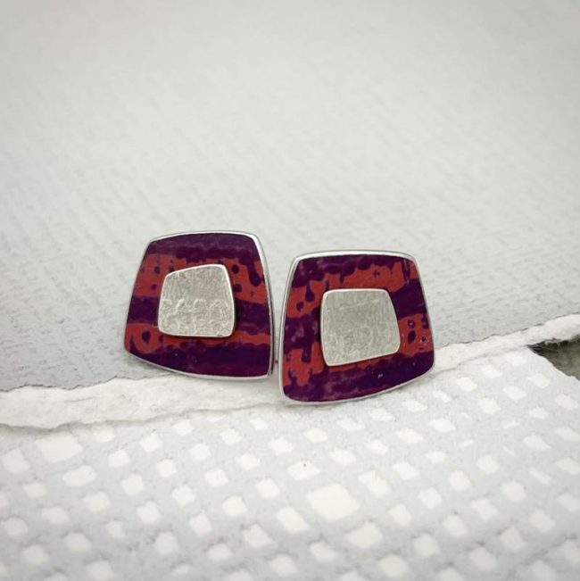 Trax square studs in silver with berry and red print by Penny Warren