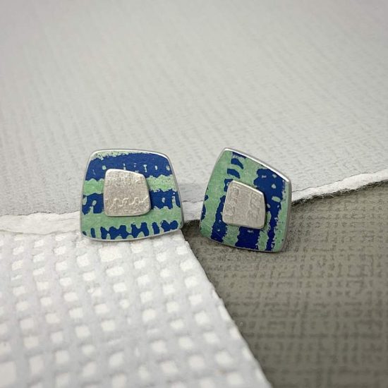 Trax square studs in silver with green and blue print by Penny Warren