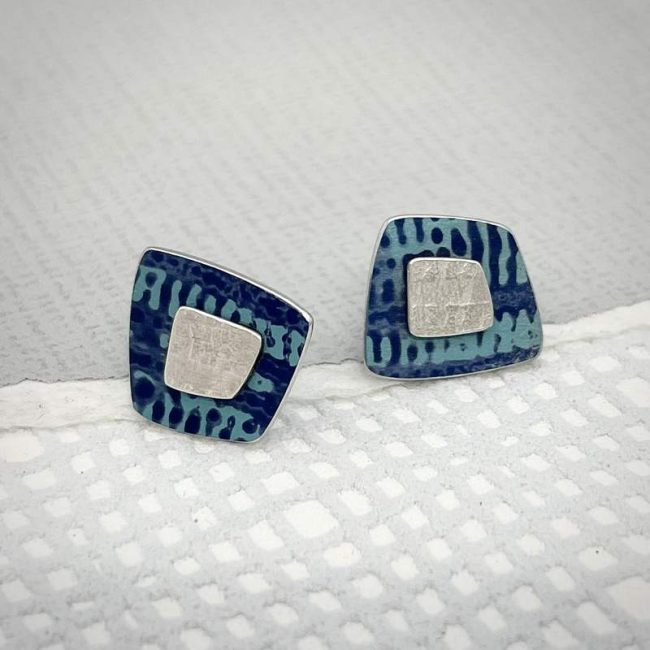 Trax square studs in silver with indigo and turquoise print by Penny Warren