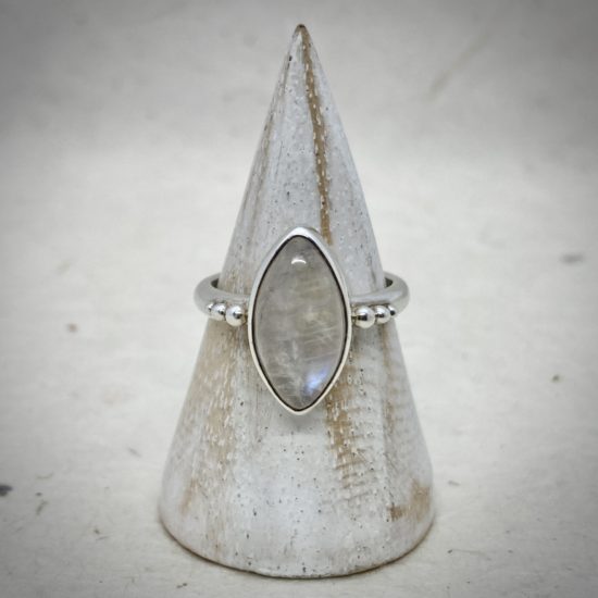 Silver Ring, marquise rainbow moonstone with even side granules, Rebecca Lewis