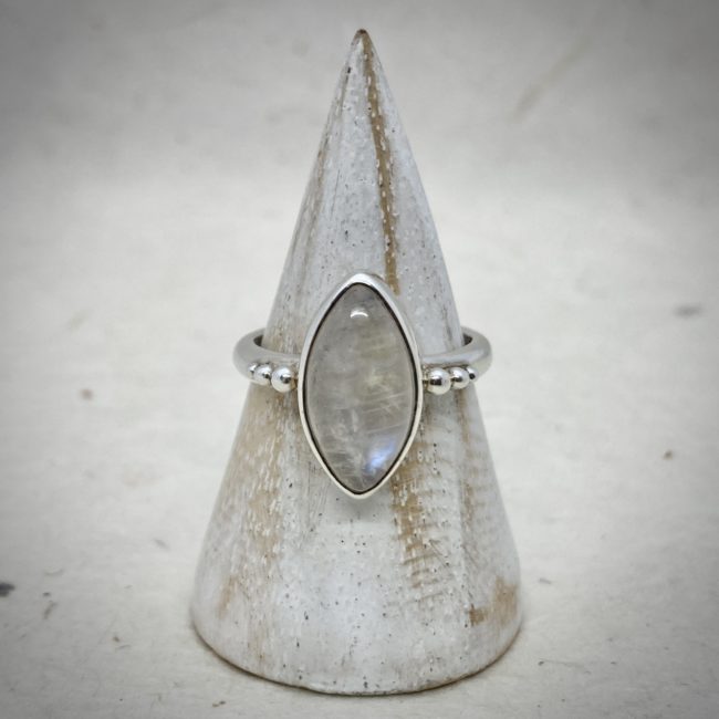 Silver Ring, marquise rainbow moonstone with even side granules, Rebecca Lewis