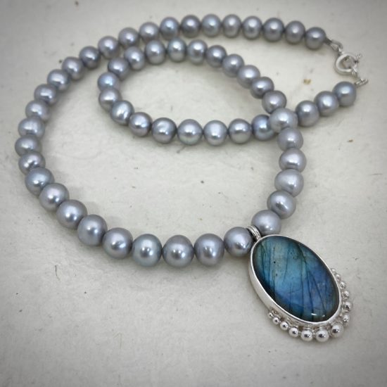 rebecca lewis Pendant, necklace, large oval labradorite on 7mm freshwater pearl