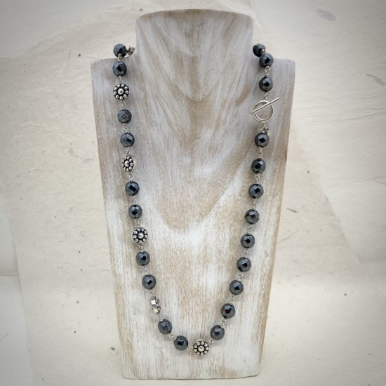 rebecca lewis Silver Necklace, 10mm round link & faceted hematite bead necklace (ox)