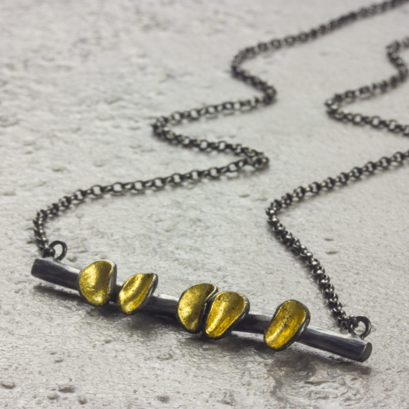 Cluster Bar Necklace In Oxidised Silver 22ct Gold Leaf